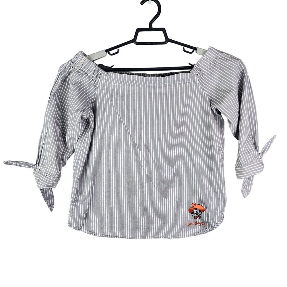 Womens Gameday Couture Gray White Striped Off-Shoulder Top Shirt OSU Cowboys S